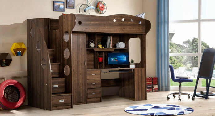 Children's room with brown storage bunk bed with desk underneath